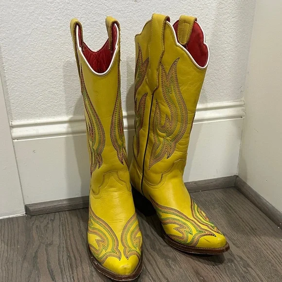 Planet Cowboy Psychedelic Yellow Western Cowboy Boots with Multicolor Stitching - Picture 5 of 11